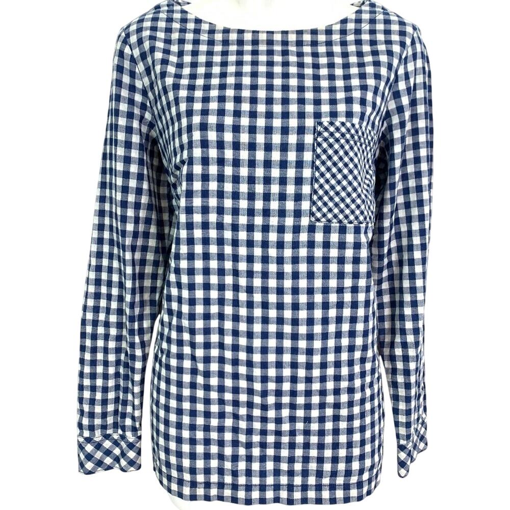 J Jill Plaid Long Sleeve White Blue Gingham Plaid 100% Cotton Top Shirt sz S